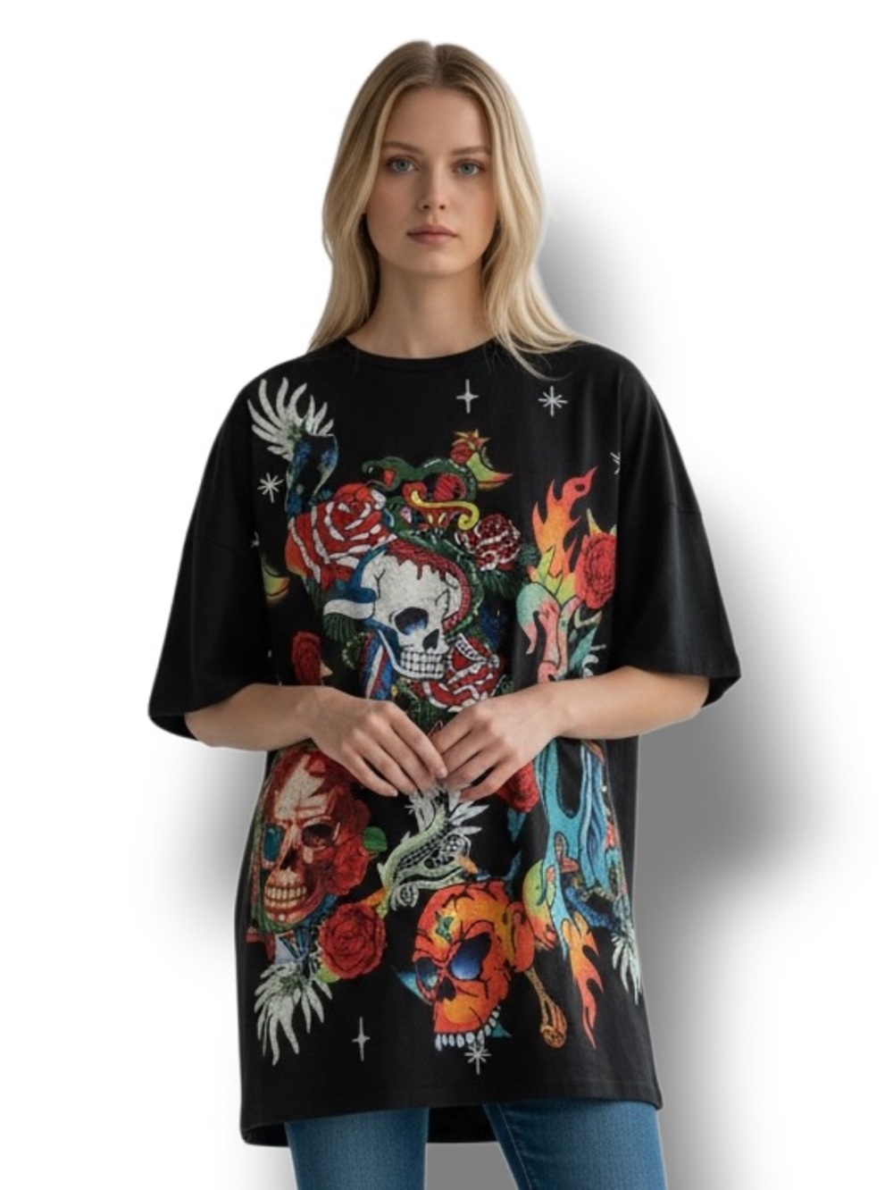 Shein Women’s Short Sleeve Skull & Roses Graphic T-Shirt Mini Dress Black M